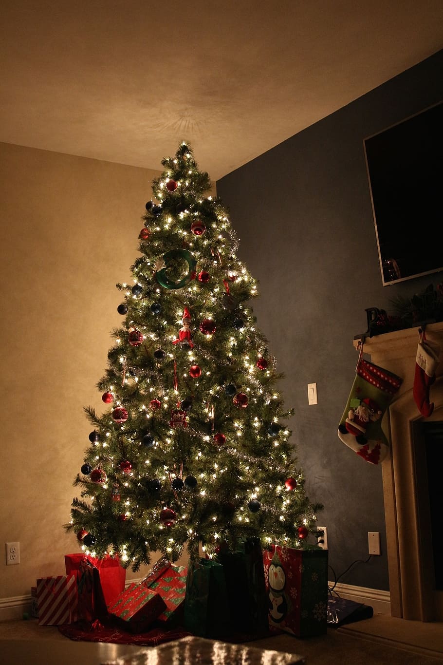 green Christmas tree lighted near wall, magical, holiday, winter HD wallpaper