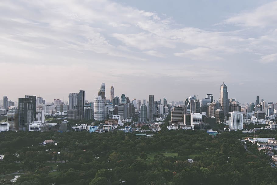 skycraper, aerial photography of high rise buildings, panoramic photography HD wallpaper