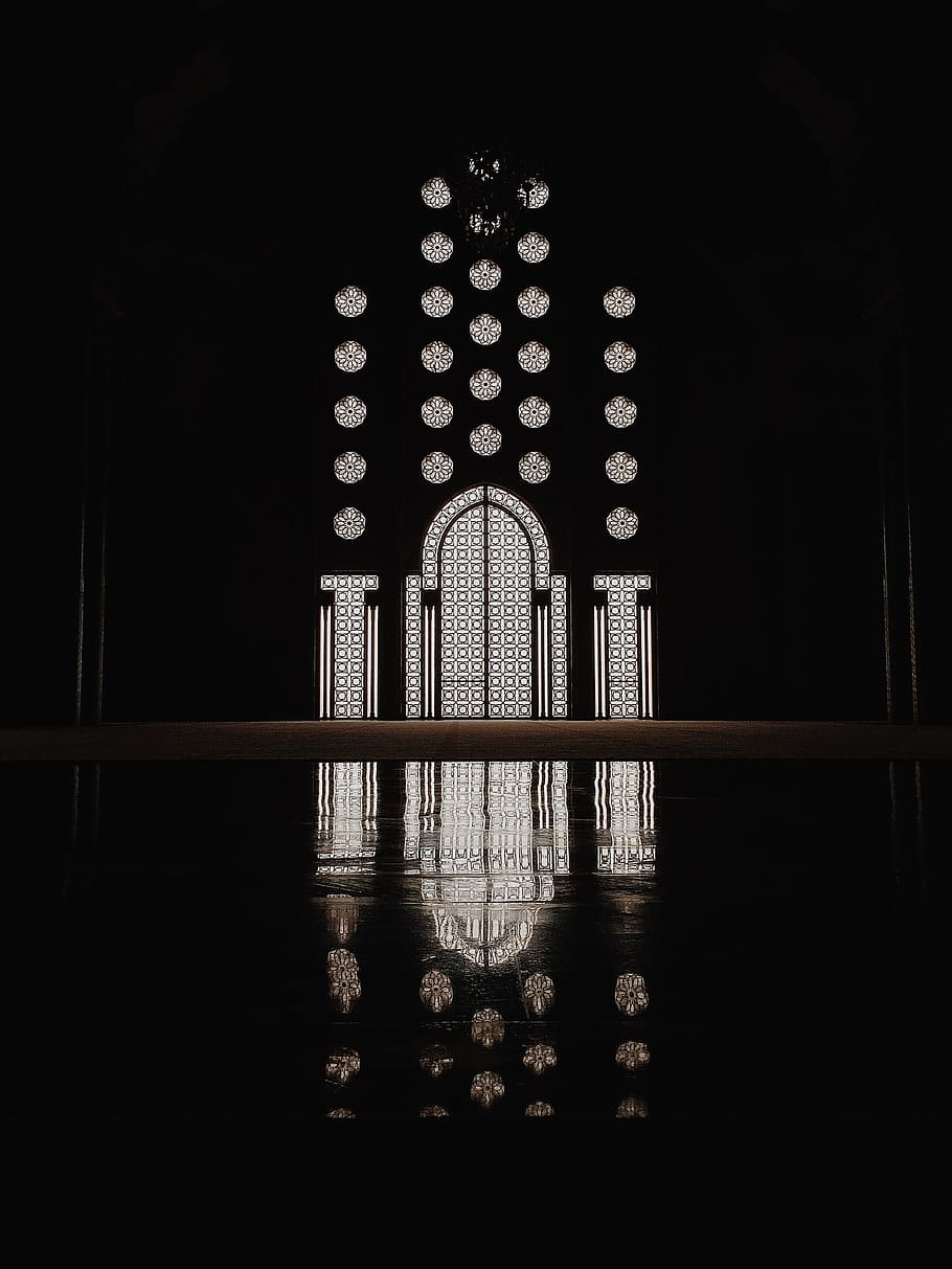 black cathedral, untitled, light, mosque, glass, door, black marble, HD wallpaper