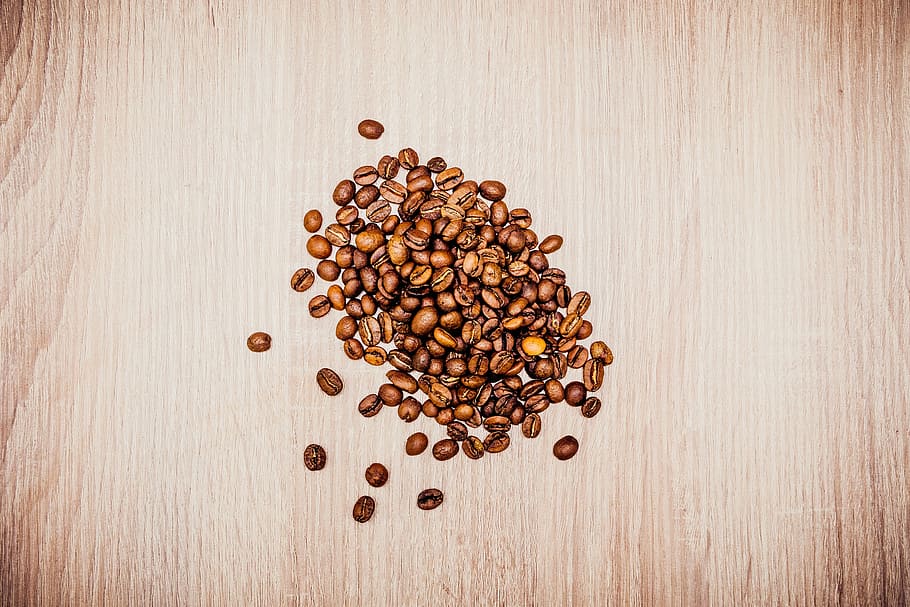 close-up photo of coffee bean lot, seed, cafe, wood, table HD wallpaper