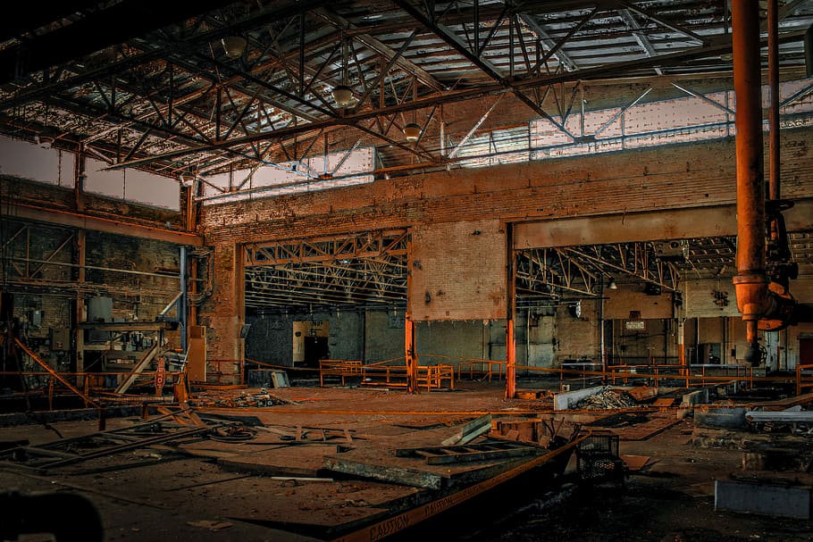empty metal building, brown metal garage, abandoned, interior, HD wallpaper