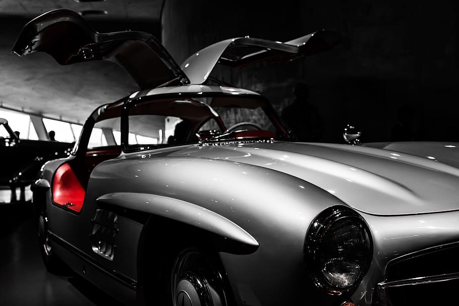 selective color photo of car, grayscale photo of classic coupe HD wallpaper