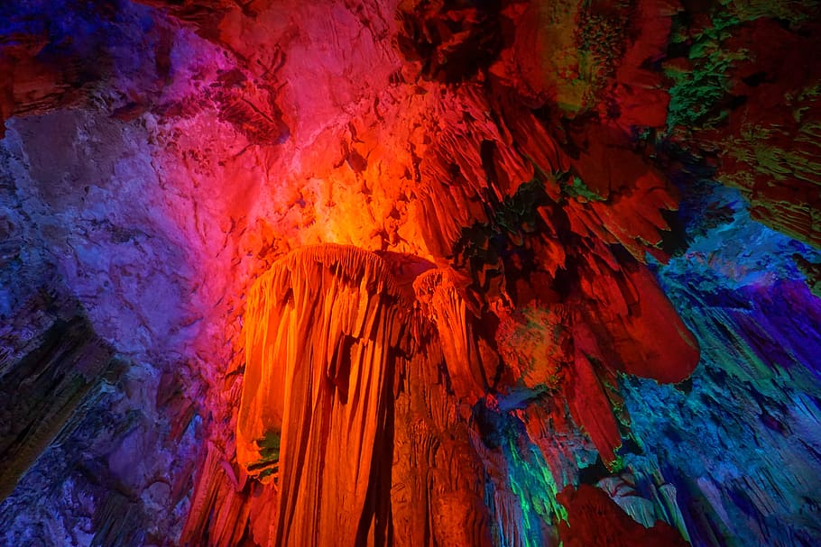 reed flute cave, guilin, stalactite, stalagmite, rock formation, HD wallpaper