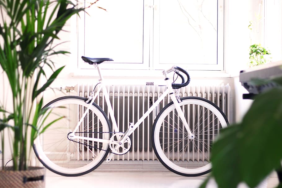 white road bike beside white radiator and window pane, architecture HD wallpaper