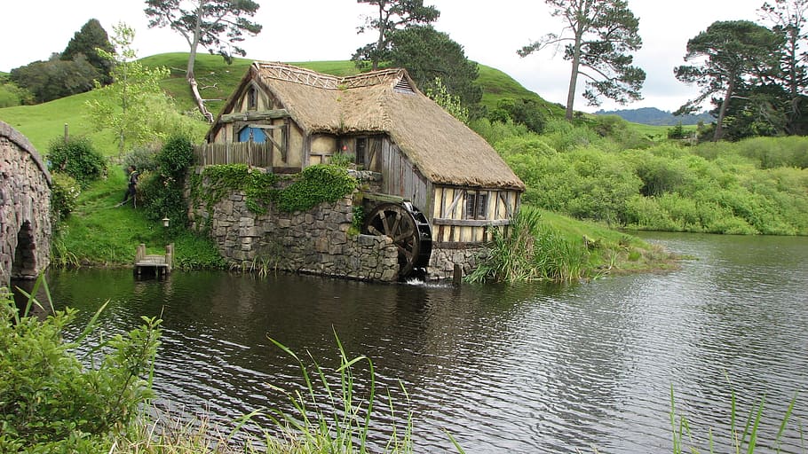 Hobbiton, Landscape, Water Mill, house, hut, built structure HD wallpaper