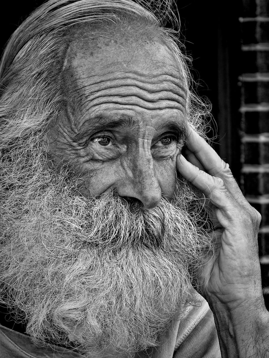 grayscale photo of bearded man, people, wisdom, wise, person, HD wallpaper