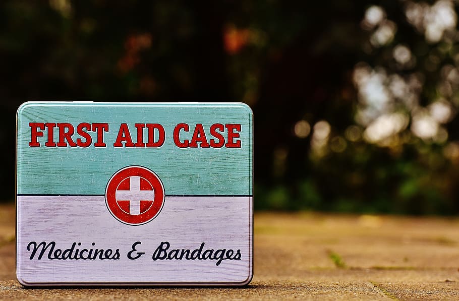 teal and white first aid case case, box, tin can, sheet, color