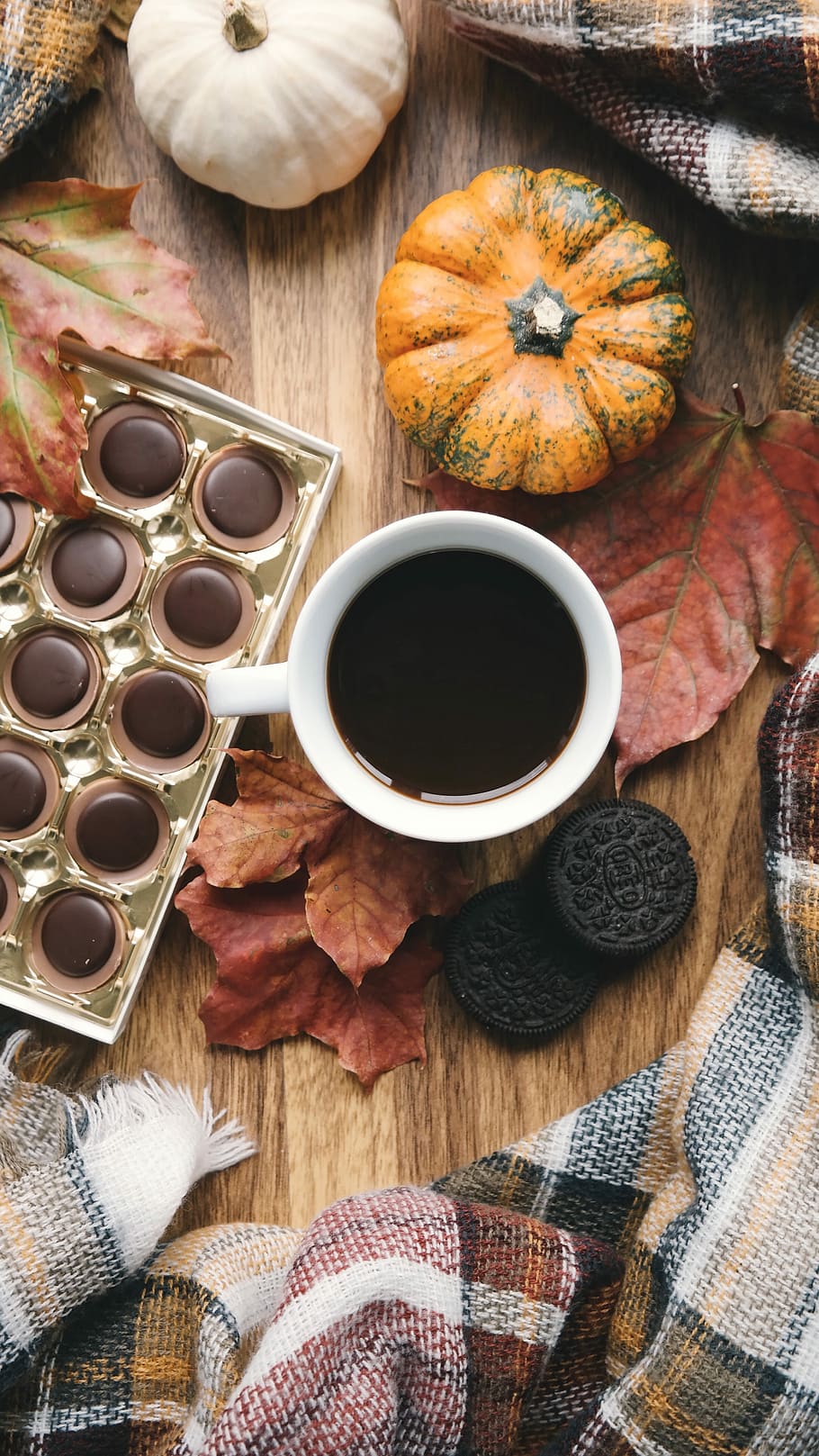 white ceramic cup with coffee, white ceramic mug near pumpkin HD wallpaper
