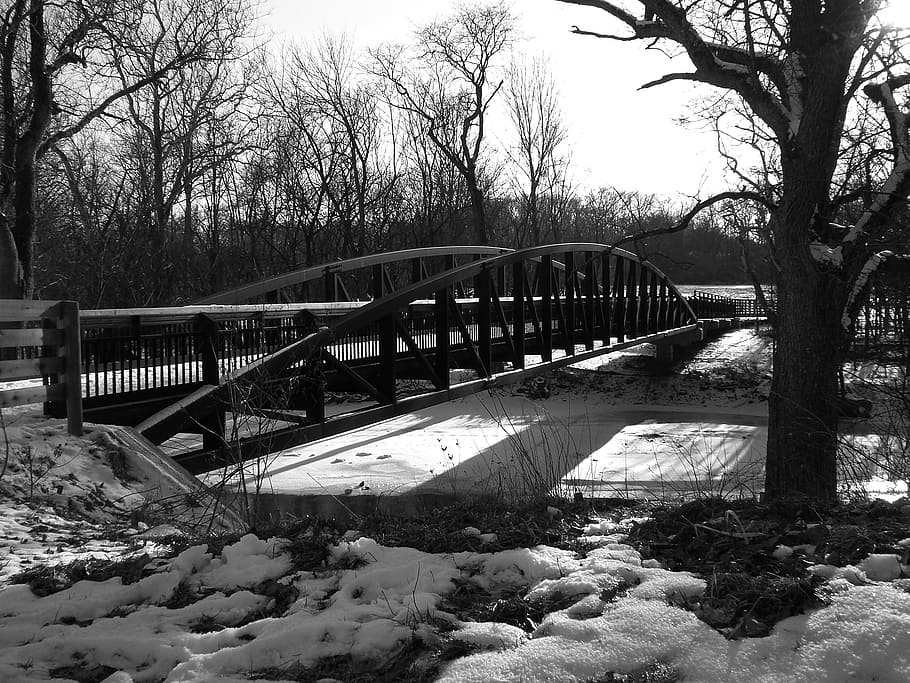 Water, Creek, River, Stream, Bridge, snow, black, white, nature HD wallpaper