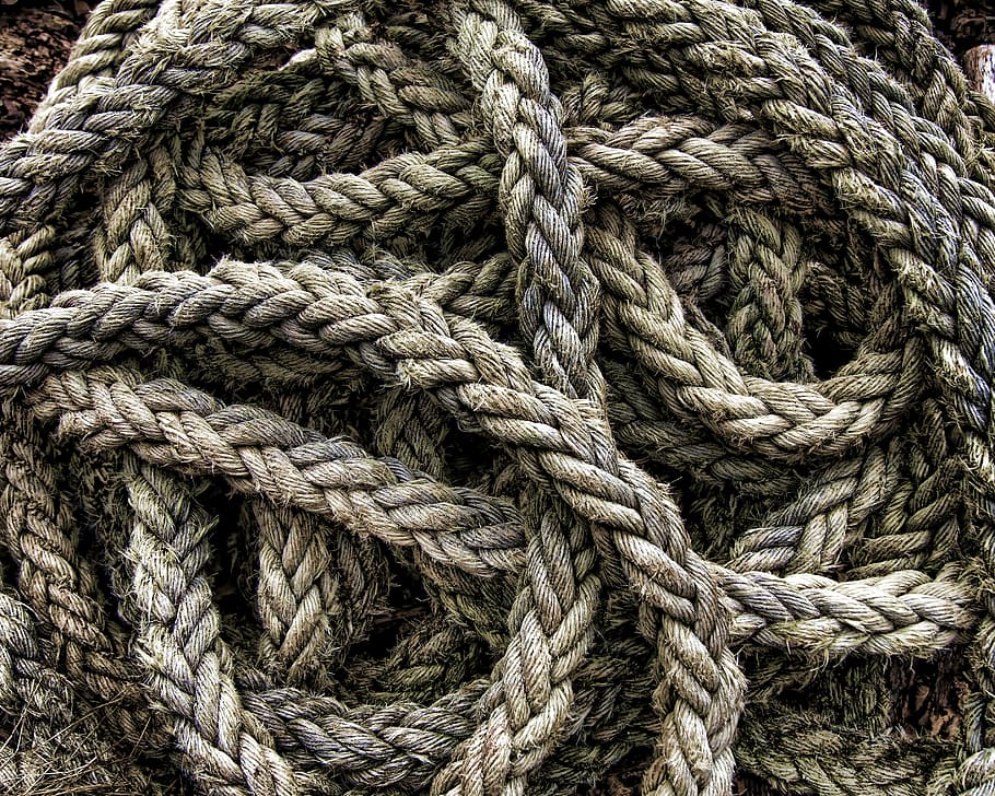 brown rope, knot, pile, sail, braid, frayed, restraint, fastener