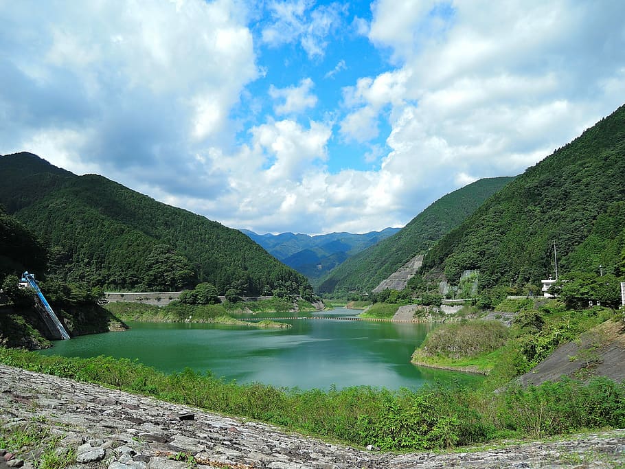 Mountain, Dam, Views, River, Cloud, blue sky, summer vacation HD wallpaper