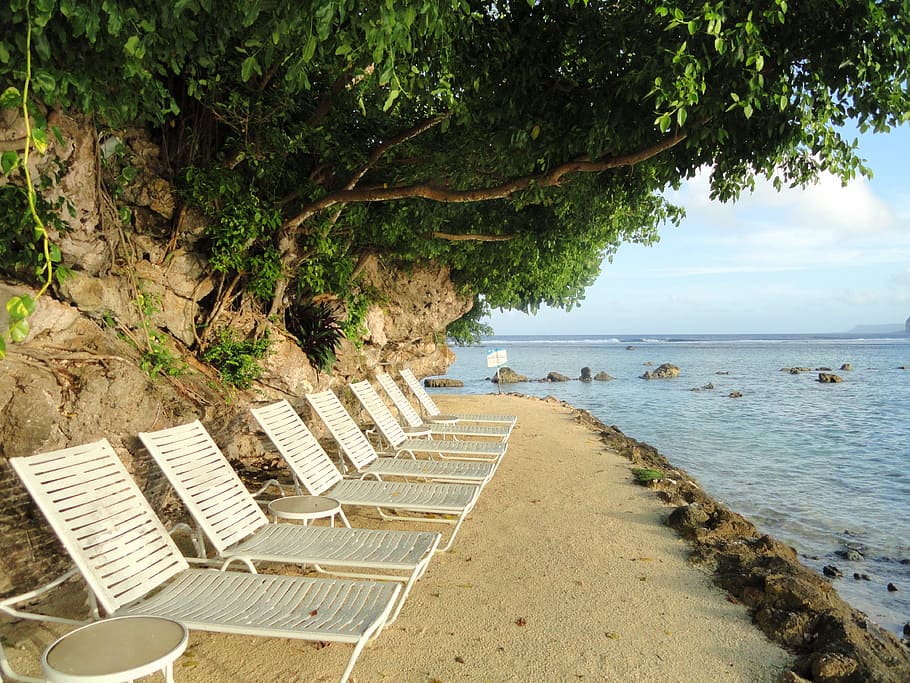 white sun loungers beside body of water, Guam, Beach, Sea, Ocean, Water HD wallpaper