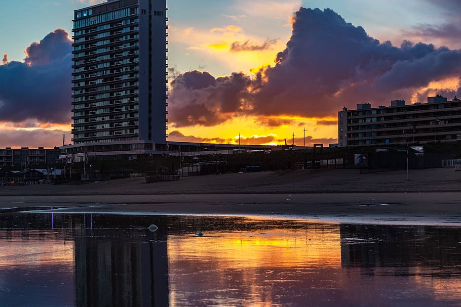 sunrise, sea, beach, clouds, architecture, building exterior HD wallpaper