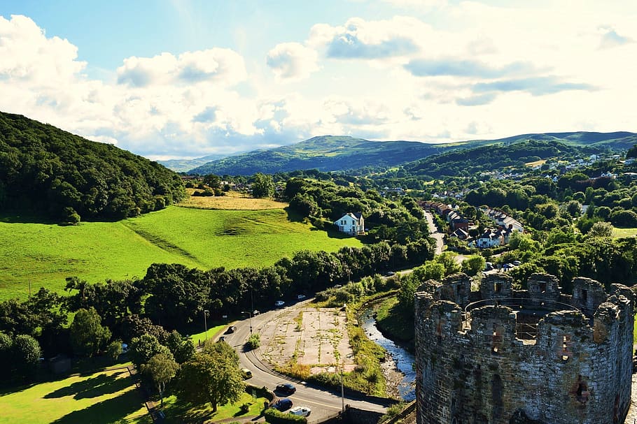 Wales, Blue, Sky, Scenic, sightseeing, white, clouds, green HD wallpaper