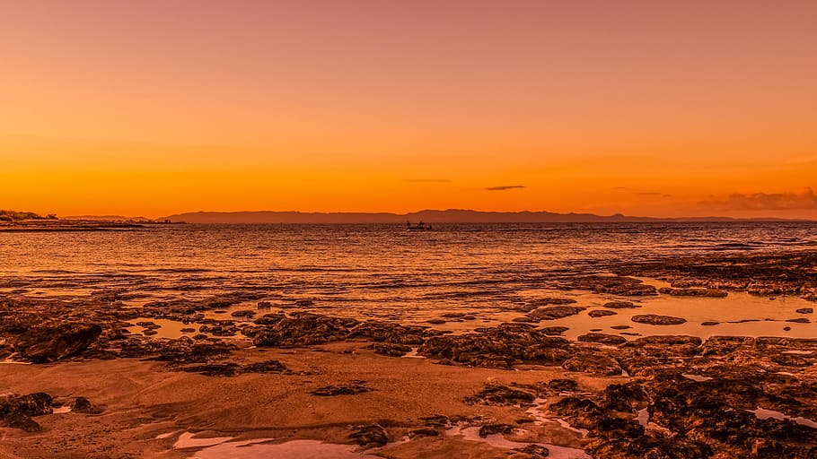 Sunset, Beach, Sea, Landscape, Orange, dusk, peaceful, evening, HD wallpaper