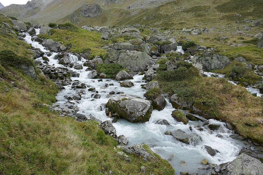 mountains, river, landscape, nature, summer, stones, flow, valley HD wallpaper