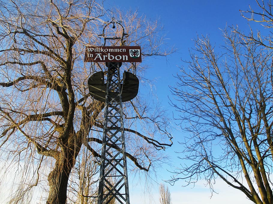 tower, iron construction, welcome, lettering, coat of arms HD wallpaper