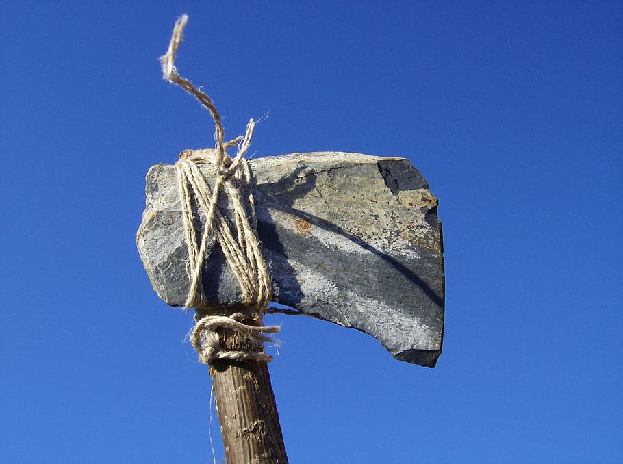 close-up photo of brown rock axe, hoe, sky, blue, tomahawk, stone age, HD wallpaper