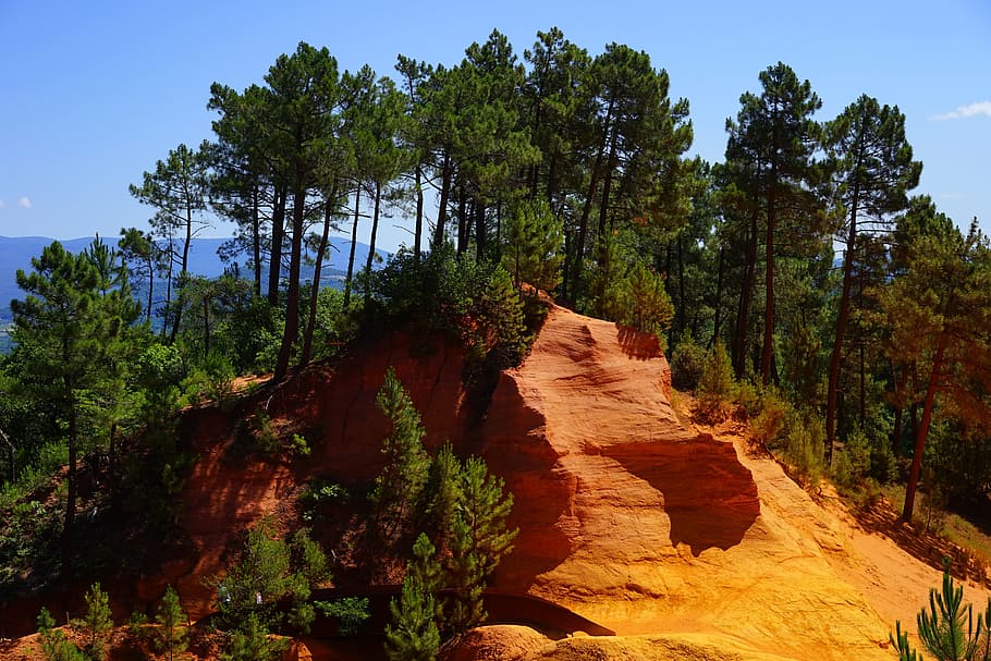 green leaf trees sprout on brown mountainm, ocher rocks, roussillon