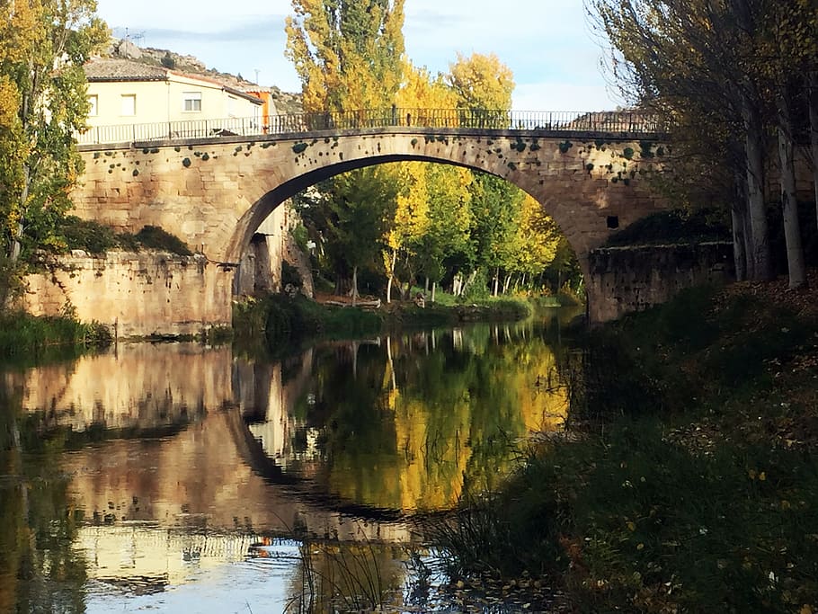 River, Trillo, Trees, Bridge, autumn, autumn landscape, people HD wallpaper