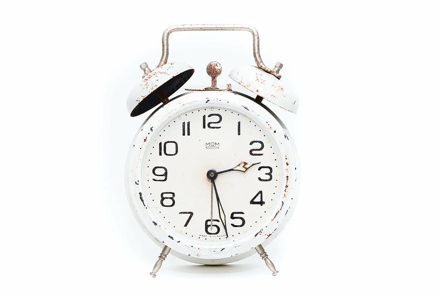 white twin-bell alarm clock at 2:27, time, hour, minute, watch, HD wallpaper