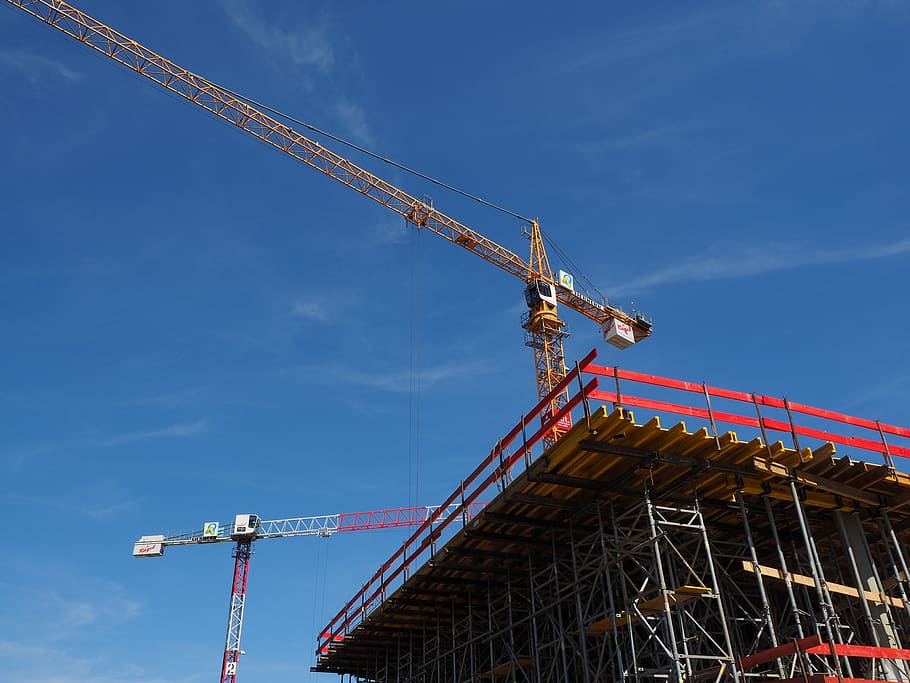 yellow tower crane, baukran, site, construction work, technology HD wallpaper