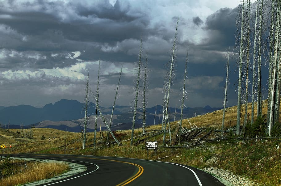 Thunderstorm, Weather, Clouds, Road, mountains, dead, burned HD wallpaper