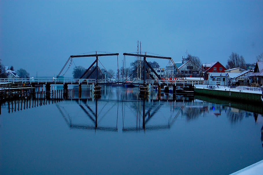 waters, reflection, river, sky, bridge, wieck, greifswald, architecture HD wallpaper