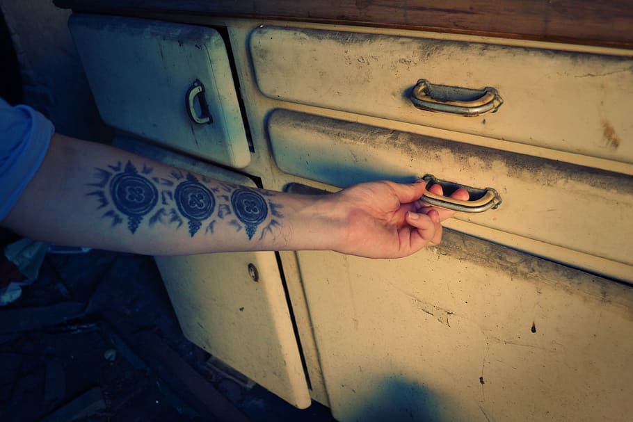 person holding drawer handle, arm, opening, furniture, dirty, HD wallpaper