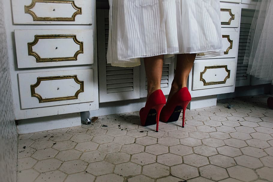 woman standing infront of white wooden sideboard, people, heels, HD wallpaper