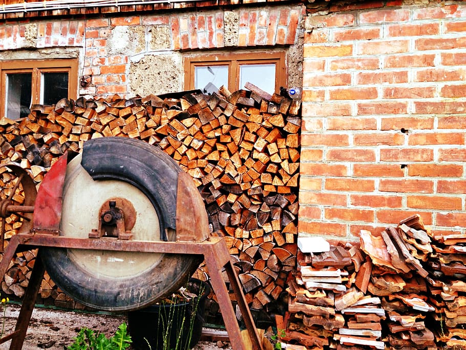saw, firewood, old, brick, wall - Building Feature, architecture HD wallpaper