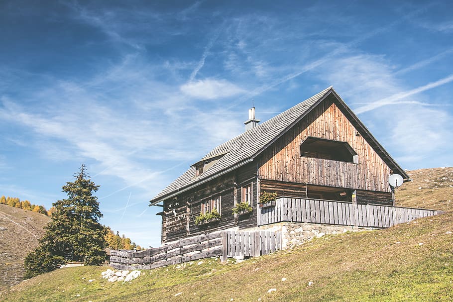 mountain, chalet, sky, alps, nature, clouds, austria, landscape HD wallpaper
