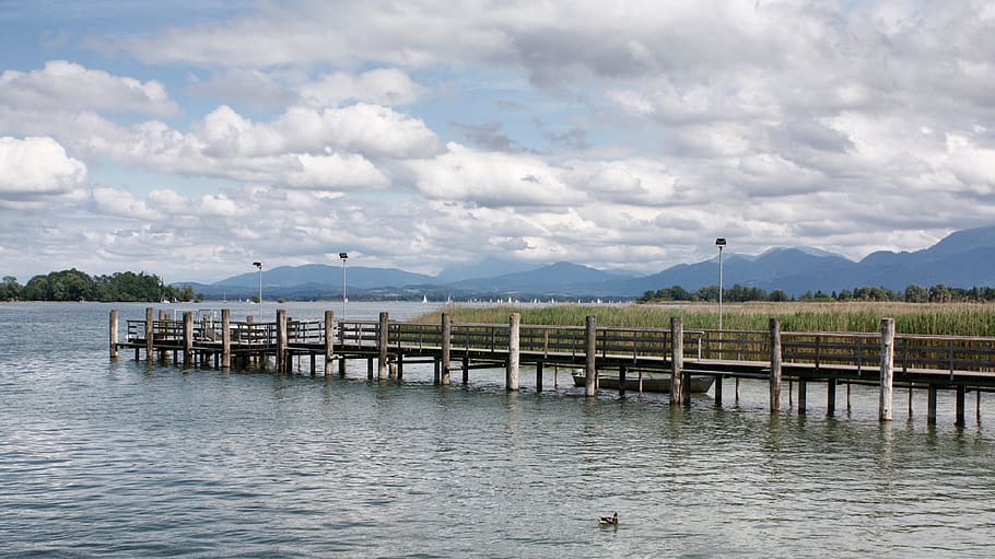 waters, pier, lake, nature, reflection, panorama, sky, trees HD wallpaper
