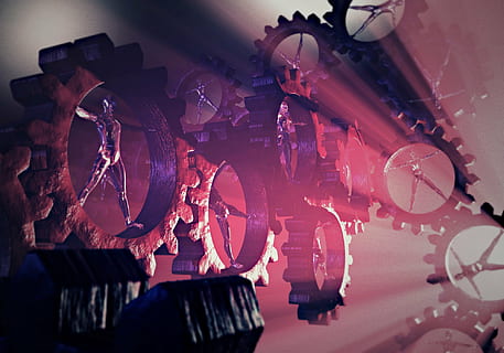 black gears with red lighting, human, man machine, machinery HD wallpaper