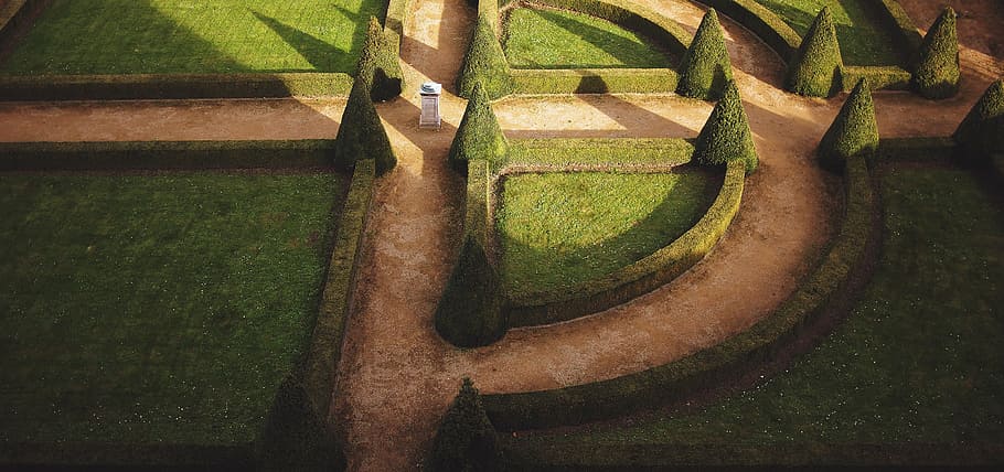 maze garden, areal, photography, green, hedge, castle, grass HD wallpaper