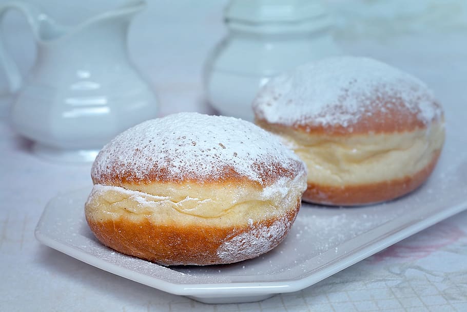 two breads on white plate, donut, sweet dish, dessert, baked goods, HD wallpaper