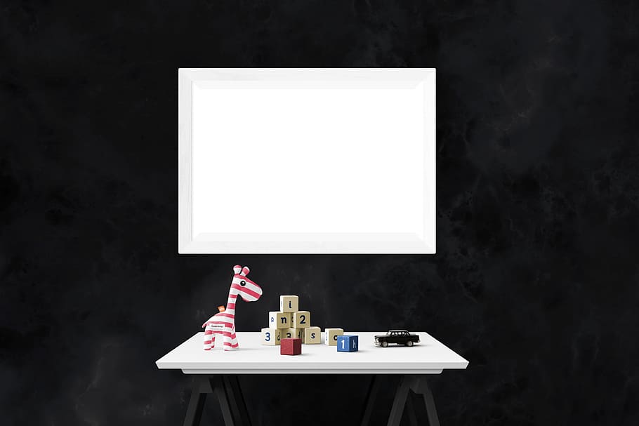 rectangular white table near black wall, poster, mockup, interior HD wallpaper