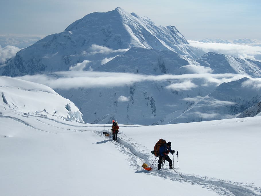 two person hiking on snow mountain, mt foraker, expedition, alaska, HD wallpaper