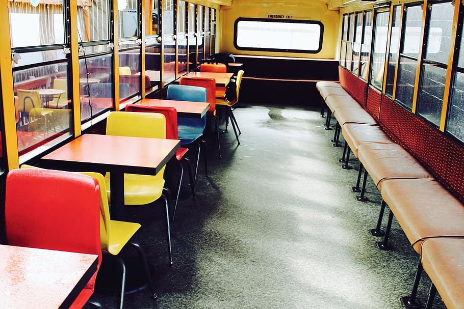 schoolbus, desks, tables, seats, transportation, mode of transportation HD wallpaper