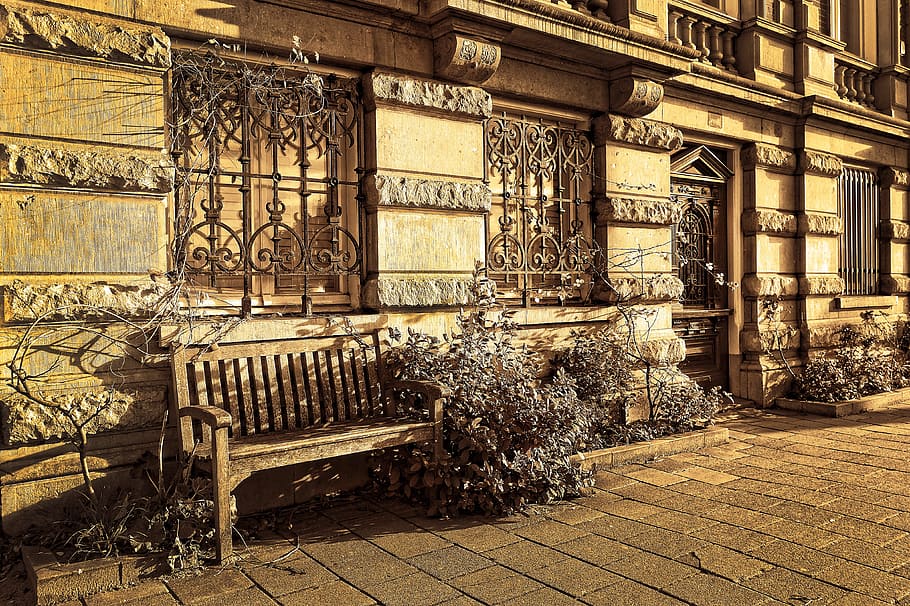 brown concrete building, bench, facade, window, grille, street HD wallpaper