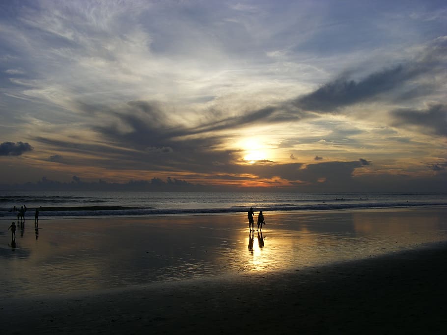 sunset, bali, beach, sea, people, nature, silhouette, water HD wallpaper