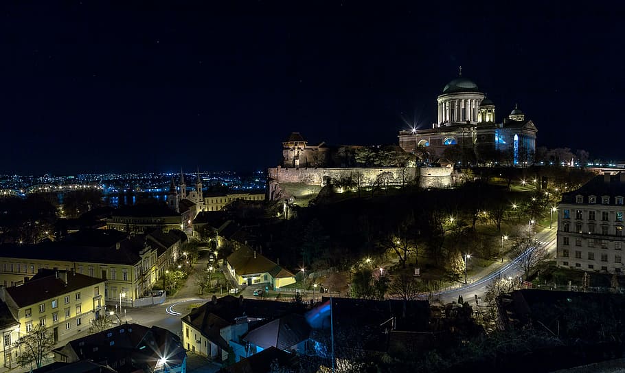 esztergom, at night, mountain, lights, castle, basilica, night picture, HD wallpaper