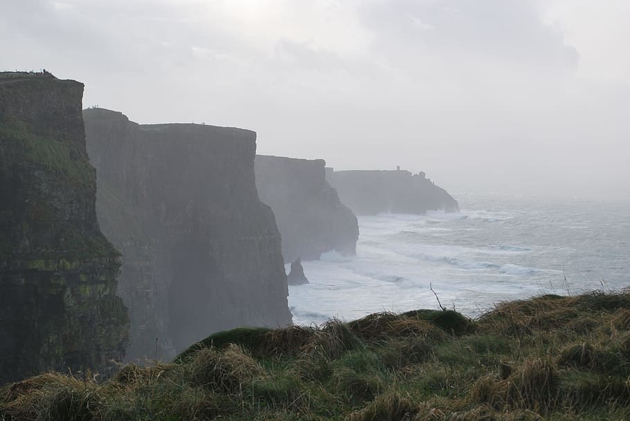 ocean waves view under cloudy sky, cliffs of moher, ireland, clare