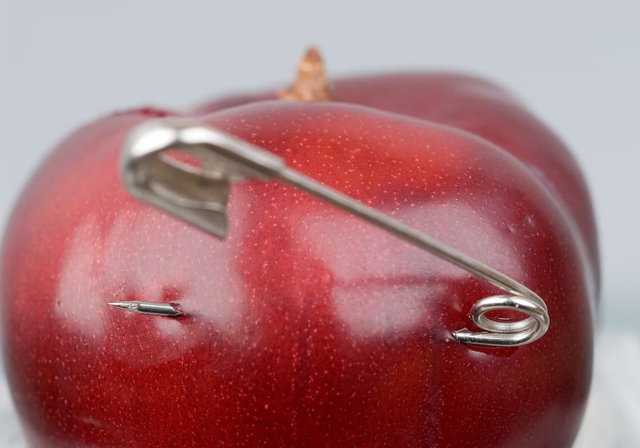 apple, security, safety pin, studio shot, red, close-up, indoors