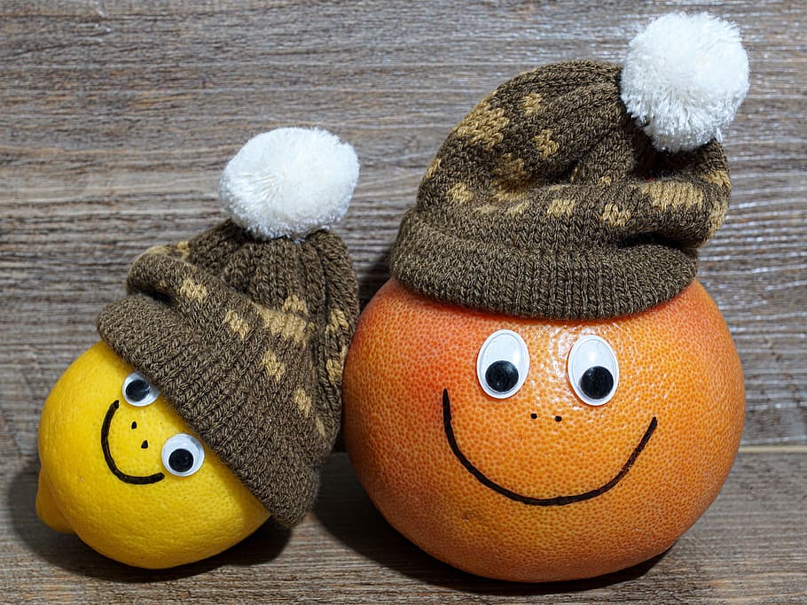 yellow lemon and orange fruit with brown knit caps decor, grapefruit HD wallpaper