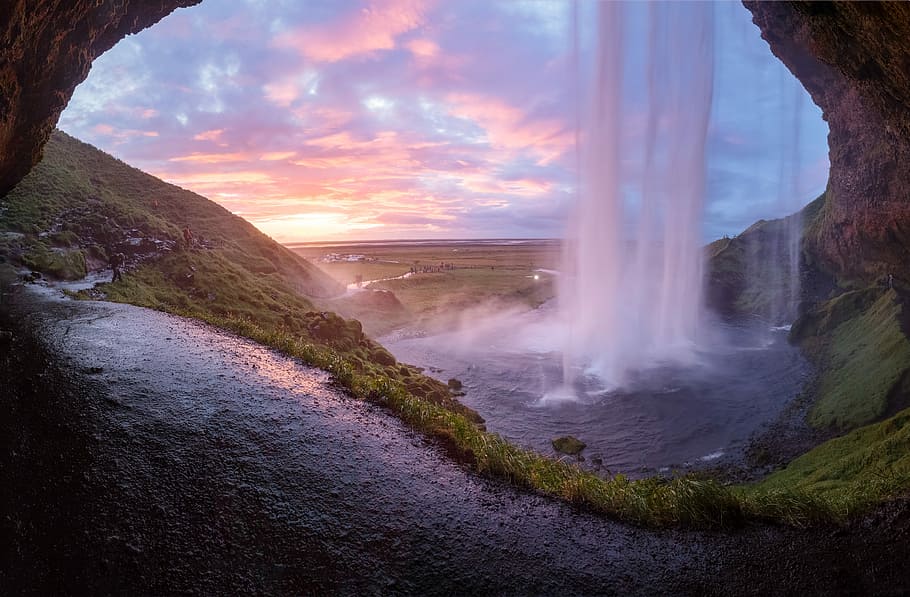 shallow focus photography of water falls, cave waterfalls during sunset, HD wallpaper