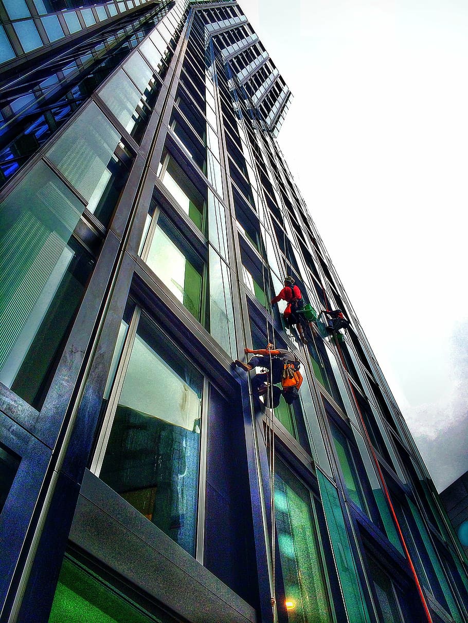 skyscraper, work, window cleaner, hamburg, glass front, roofs HD wallpaper