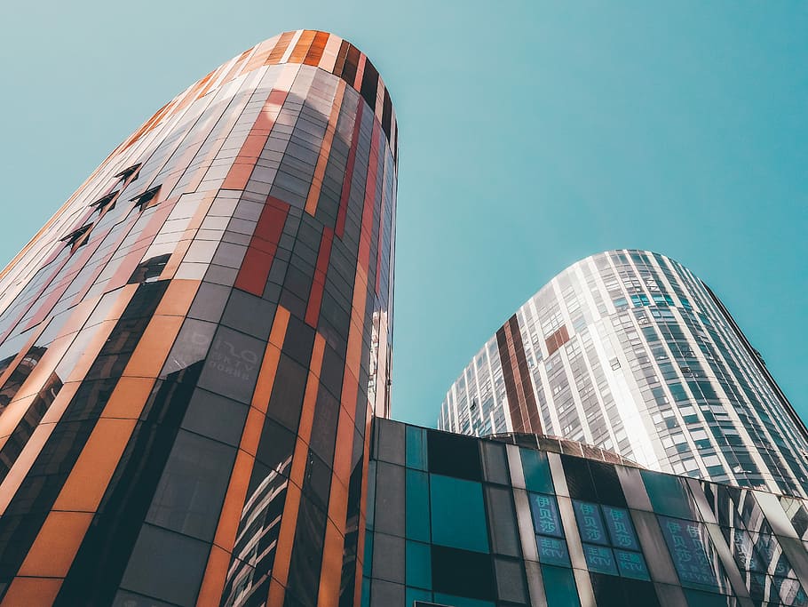 worm's-eye view photography of city building, glass building HD wallpaper
