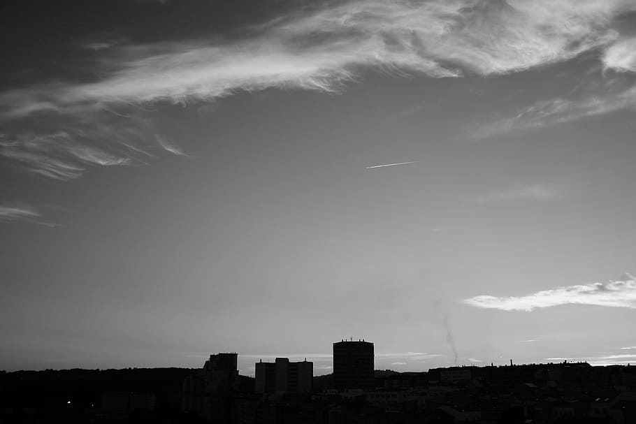 sky, clouds, skyline, plane, sunset, horizon, cloud - sky, architecture HD wallpaper