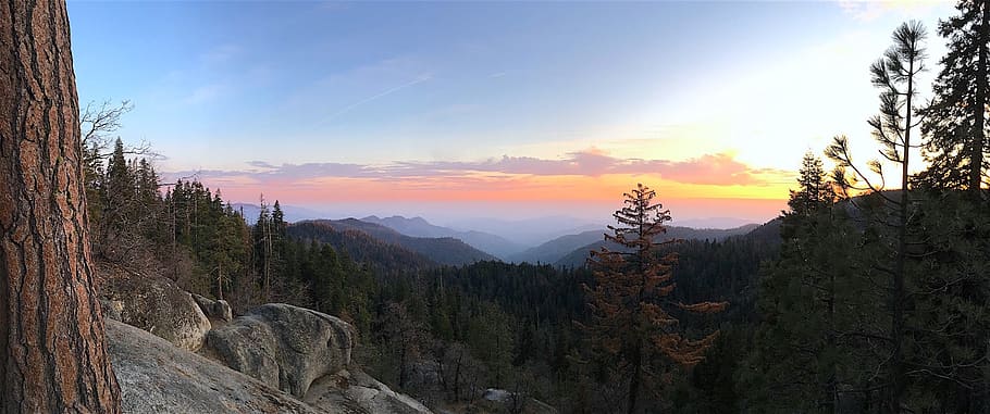 panoramic, sunset, mountains, landscape, nature, trees, sky HD wallpaper